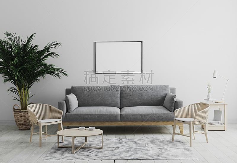 棕榈树,室内,极简构图,茶几,空白的,起居室,灰色,木制,背景,相框