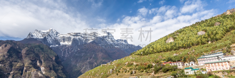 尼泊尔,南奇集市,珠穆朗玛峰,乡村,通勤者,导游,旅行者,地形,户外,蓝色
