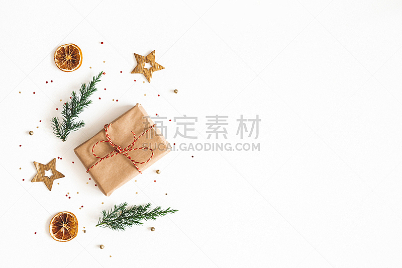 白色背景,概念,冬天,新年前夕,杉树,平铺,黄金,包装纸,枝