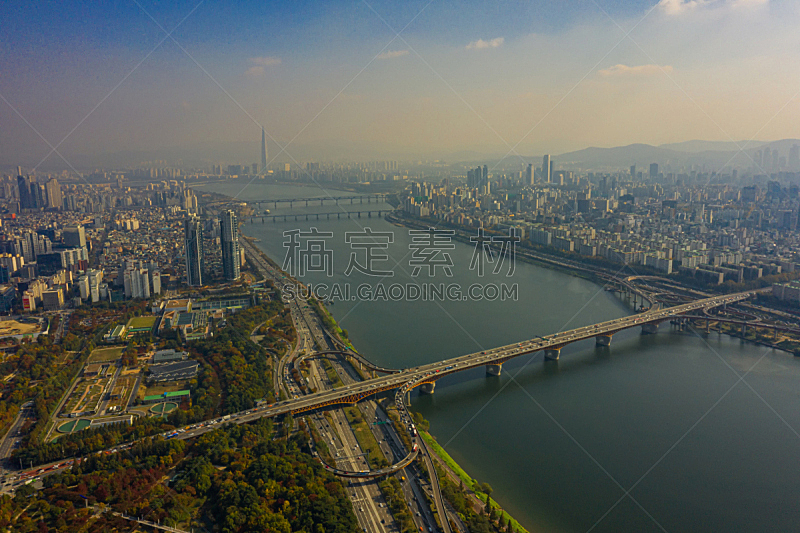韩国,市区,汉江,横越,桥,城市,城市天际线,首尔,航拍视角,汽车