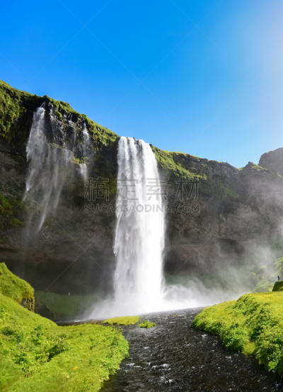 夏天,Seljalandsfoss Waterfall,冰岛国,环境,著名景点,梦想,河流,瀑布,流动,花