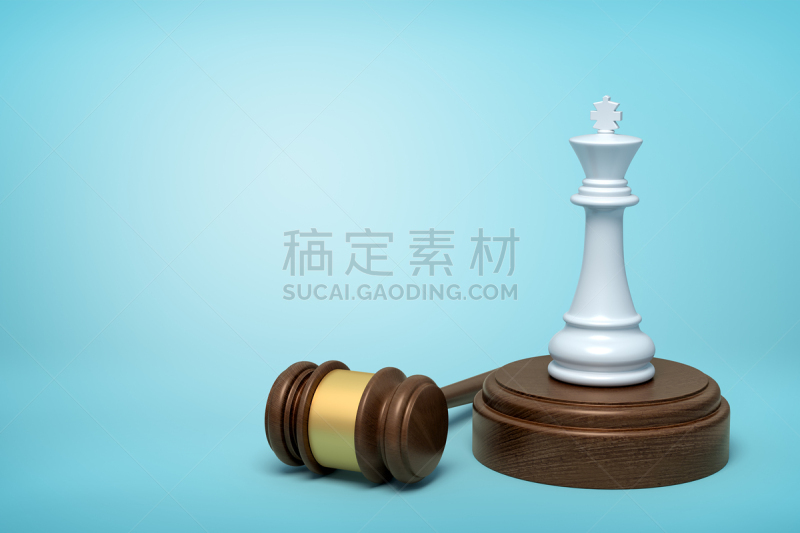 3d rendering of white chess king standing on sounding block with gavel lying beside on light-blue background.