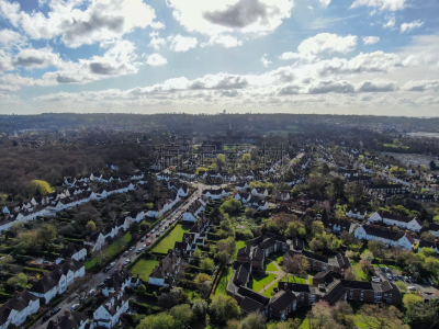 Aerial view of Hampstead Garden Suburb, an elevated suburb of London