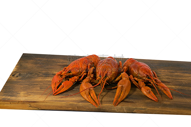 螯虾,小龙虾,厚木板,食品,书桌,木制,红色,煮食,白色背景