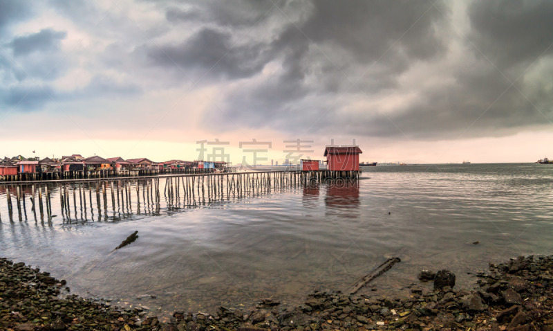 暴风雨,白昼,米色,槟榔屿州,栈桥码头,乔治敦,风景,暗色,热带气候,黄昏