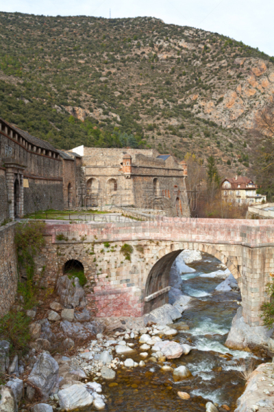 Fortified walls of the village of Villefranche-de-Conflent in the department of Pyrénées-Orientales, in the region of Occitanie.