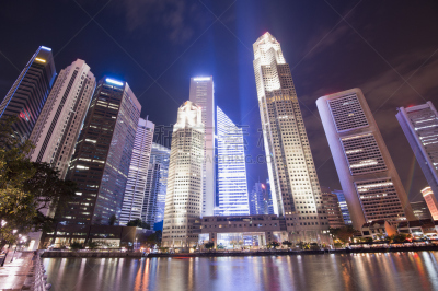 新加坡市,滨海湾 ,夜晚,城市天际线,纪念碑,水,水平画幅,新加坡,无人,海港