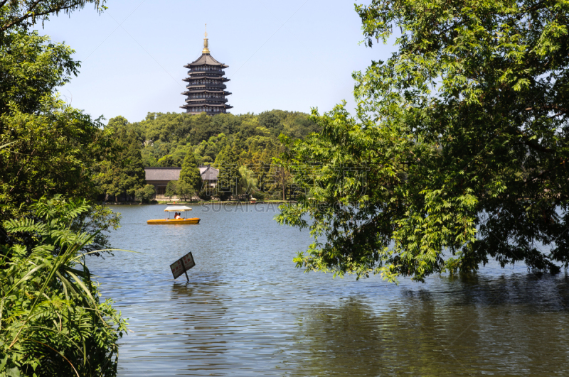 雷峰宝塔,西湖,杭州,船,著名景点,中国,湖,休闲活动,夏天,建筑