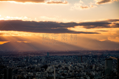 日本,东京湾,山脉,居住区,黄昏,横滨,富士山,天空,水平画幅,无人