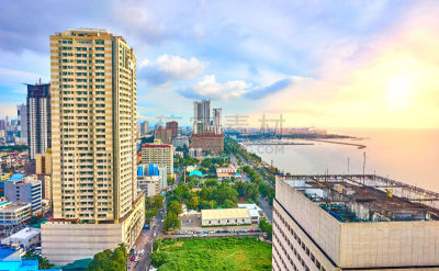 城市天际线,马尼拉海湾,曙暮光,交通,现代,烟雾,地铁,鸟类,菲律宾,建筑