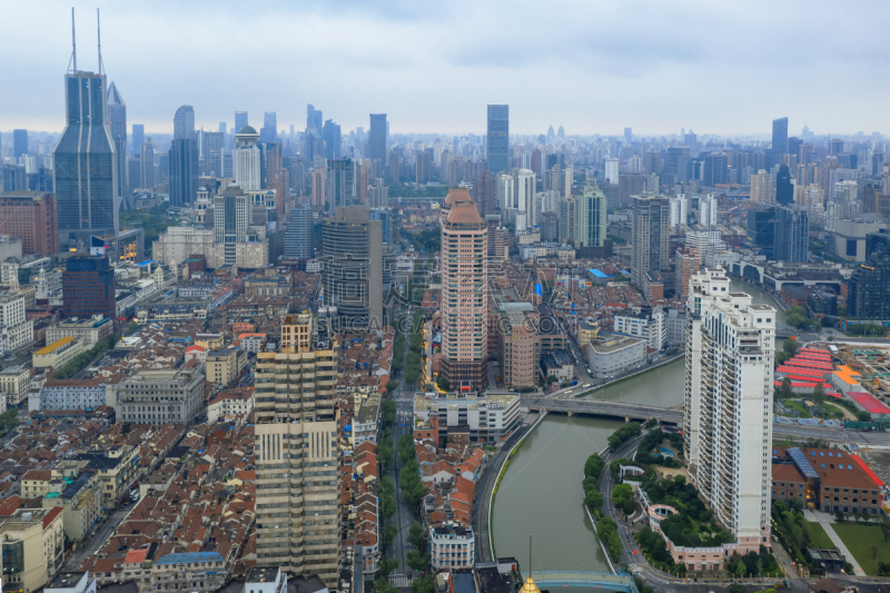 上海,航拍视角,全景,天空,度假胜地,水平画幅,云,无人,黄浦江,户外