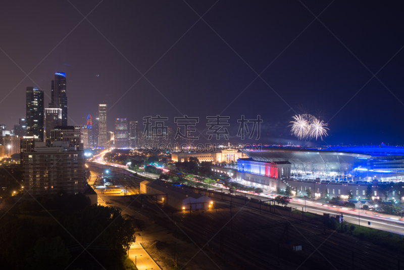 放焰火,芝加哥市,城市天际线,夜晚,城市生活,黄昏,摩天大楼,图像,美国,著名景点