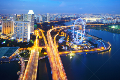 新加坡市,城市天际线,滨海湾 ,新加坡,高个子,摩天轮,纪念碑,水,天空,水平画幅