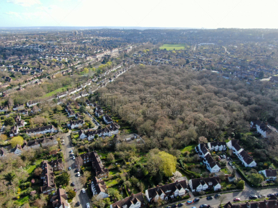 Aerial view of Hampstead Garden Suburb, an elevated suburb of London