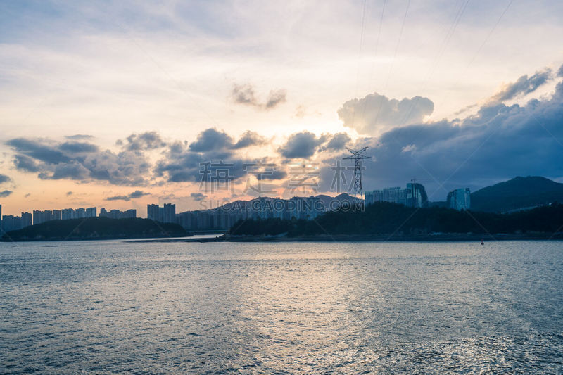 厦门,海港,都市风景,黄昏,时间,水平画幅,无人,蓝色,城市天际线,岛