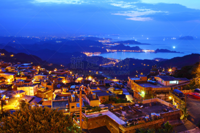 沼,夜晚,乡村,九份,旅游目的地,水平画幅,山,无人,黄昏,房屋