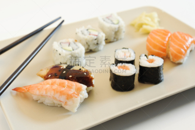 寿司盘,油煎虾面,加州卷,日本点心,水平画幅,海产,生姜,生鱼片,日本食品,大特写