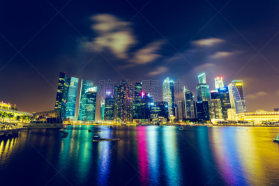 新加坡市,夜晚,城市天际线,滨海广场,滨海湾金沙酒店,滨海湾 ,水,水平画幅,高视角,新加坡
