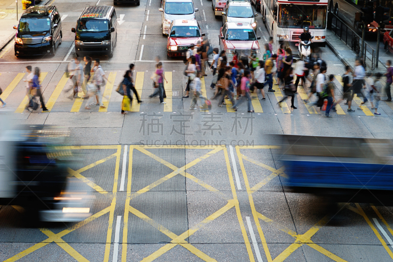 街道,拥挤的,,旺角,斑马线,道口标志,人行横道,通勤者,水平画幅,忙碌