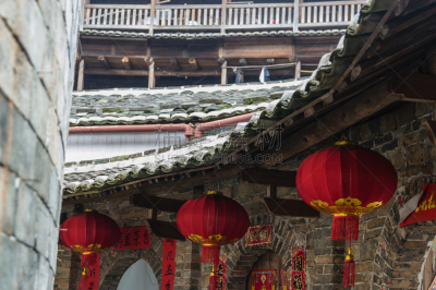 蒂卢,客家族,红色,房屋建设,传统,中国灯笼,永定,厦门,福建省,土器