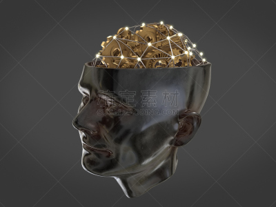 脑,智慧,黄金,人的头部,机件,自行车齿轮,抽象,三维图形,概念,工作