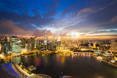 新加坡市,全景,滨海广场,滨海湾 ,水平画幅,新加坡,夜晚,无人,户外,滨水