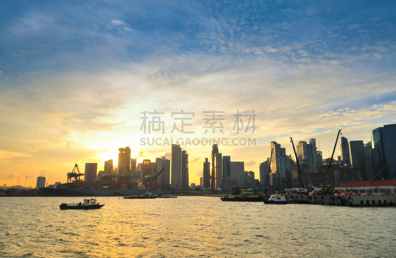 新加坡市,全景,黄昏,鱼尾狮,水平画幅,新加坡,夜晚,无人,户外,滨水