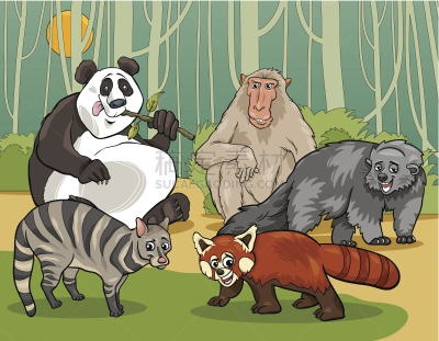 动物主题,哺乳纲,绘画插图,卡通,熊狸,灵猫,大熊猫,小熊猫,猕猴,猴子