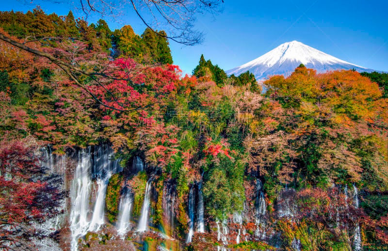 富士山,富士宫,秋天,shiraito falls,日本,枫树,色彩鲜艳,静冈县,水,天空