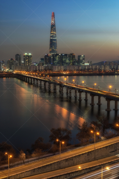 夜晚,塔,江南区,汉江,铁路桥,首尔,公路,垂直画幅,无人,铁轨轨道