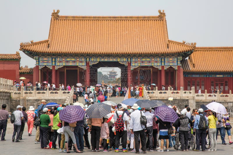 北京,禁止的,正面视角,水平画幅,高视角,当地著名景点,旅行者,户外,大门,非凡的