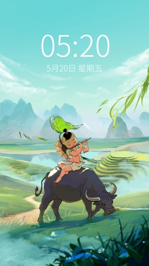 牧童放牛清新手绘插画手机壁纸